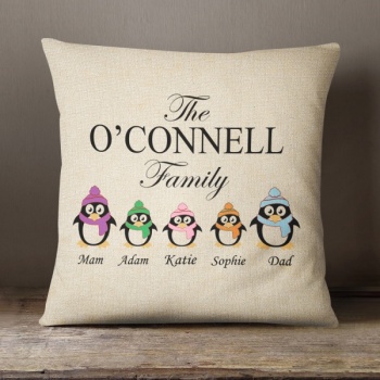 Luxury Personalised Cushion - Inner Pad Included - Penguin Family Cristmas